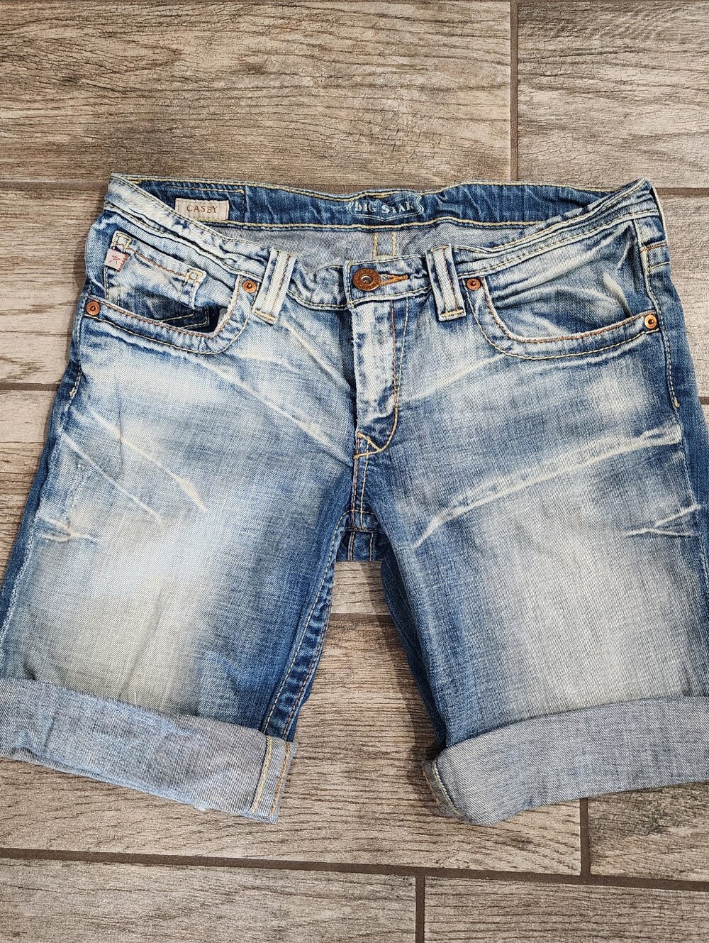 Y2K Big Star Casey - Blue Denim Shorts with Embroidered Paisley on Back Pockets.